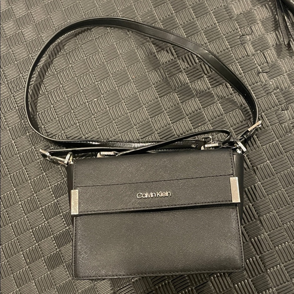 Calvin Klein Black Leather-Look Shoulder Bag with Silver Accents